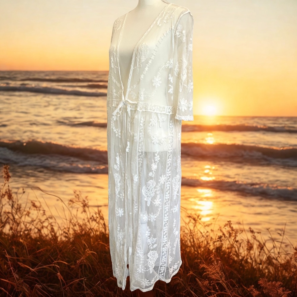 Forgotten Grace Sheer Ivory Lace Kimono Robe Cover Up Lingerie Boho